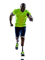 handicapped man joggers runners running with legs prosthesis sil