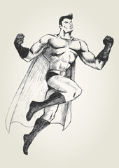 Sketch illustration of a superhero in flying pose