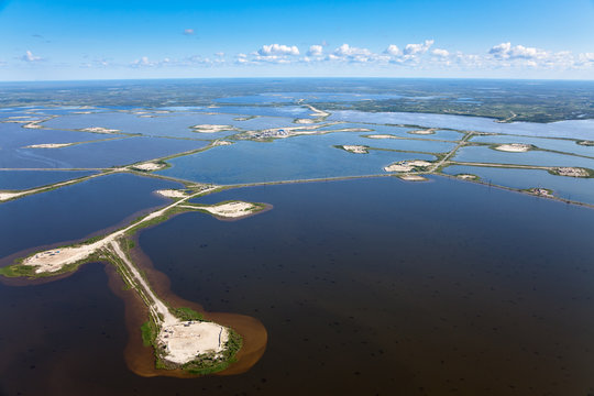 oilfield on lake, top view