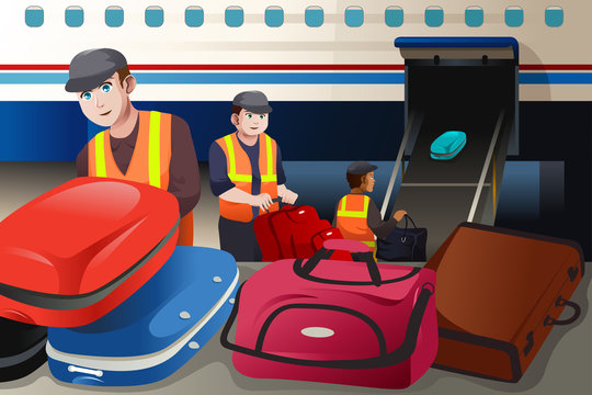 Workers loading luggage into an airplane in the airport