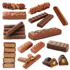 Collage of chocolate bars isolated on white