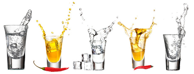 Collage of glasses vodka with splashes isolated on white - obrazy, fototapety, plakaty