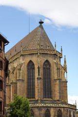 Obraz premium St Martin's Church. Rear of the church, with stork nest. Colmar,