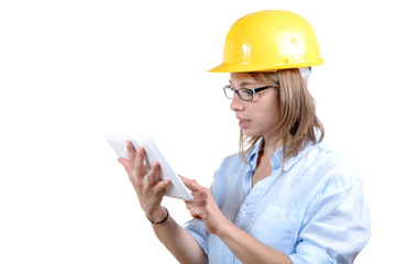 young female architect with a yellow helmet