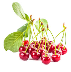 bunch of ripe cherries with leaves