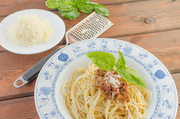 Spaghetti Bolognese on wood table
