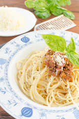 Spaghetti Bolognese on wood table