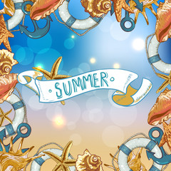 Summer Card with Sea Shells, Anchor, Lifeline