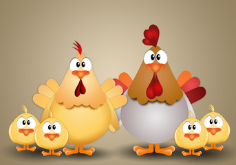 Cock with hen and chicks