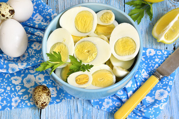 Boiled chicken and quail eggs.