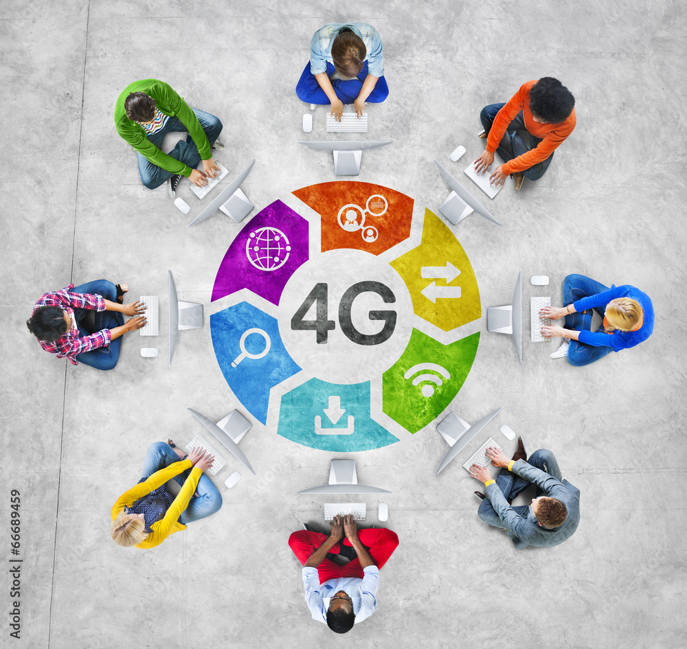 Poster diverse people in a circle using computer with 4g concept