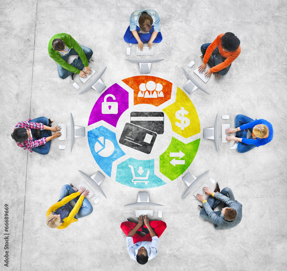 Wall mural Diverse People in a Circle Using Computer with Financial Concept - Wall murals