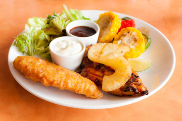 Chicken BBQ and fish fillet