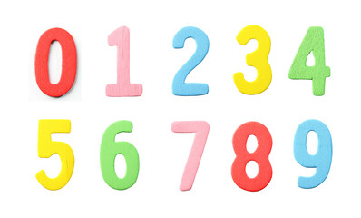 Collections of Numbers wood painted in colorful on white.