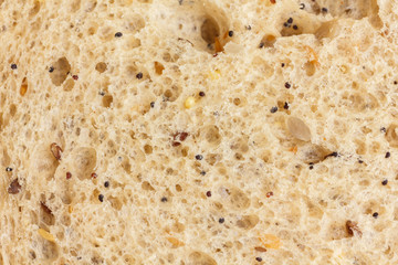 Slice of multi-seed wholegrain bread detail with lots of texture