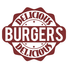 Delicious burgers stamp or label