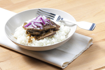beef rump steak with onion and rice