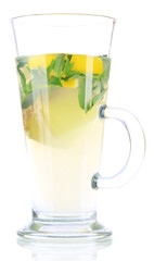 Cup of tea with ginger isolated on white