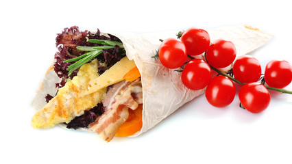 Veggie wrap filled with chicken and fresh vegetables isolated