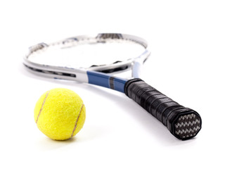 Yellow tennis ball and racket isolated on a white background