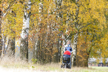 woman with a pram on walk in autumnal nature