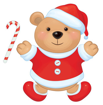 Vector cute brown bear in red Santa's costume isolated.