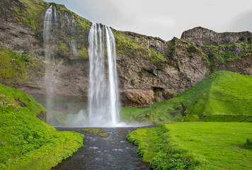 Wide view of Seljalandsfoss, the waterfall in southern Iceland