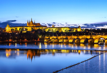Prague castle and bridge at sunset, Czech republic.