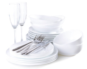 Set of white dishes isolated on white