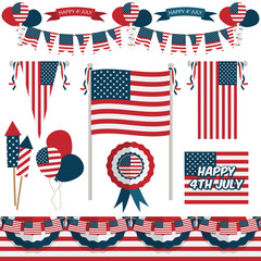 usa stars and stripes flags banners rosettes balloons 4th july decorations vector clipart isolated and white