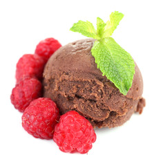 Chocolate ice cream with mint leaf and raspberries, isolated