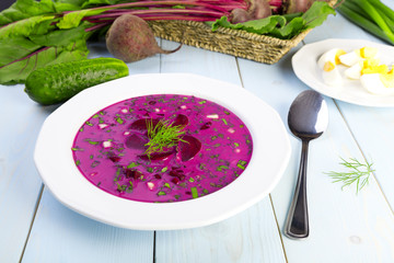 Soup with fresh beets served cold with cream
