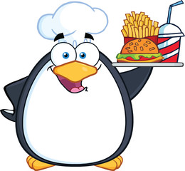 Chef Penguin Holding A Platter With French Fries And A Soda