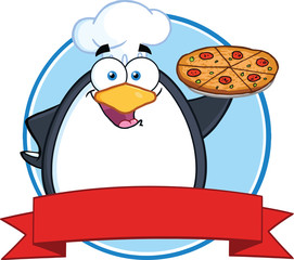 Chef Penguin Holding A Pizza Pie Circle Banner
