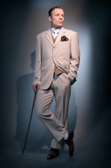 Retro 1920 business fashion man wearing white striped suit and t