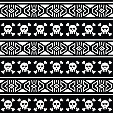 Tribal Aztec seamless pattern with skull on black