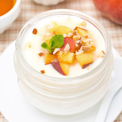 vanilla yogurt with fresh peaches and nuts, top view
