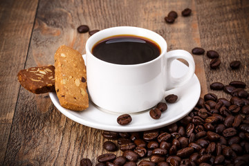 Coffee cup and saucer on a wooden table.