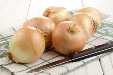 onion and kitchen knife on a kitchen towel