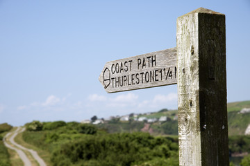 Signpost and River Avon at Bantham South Devon England UK