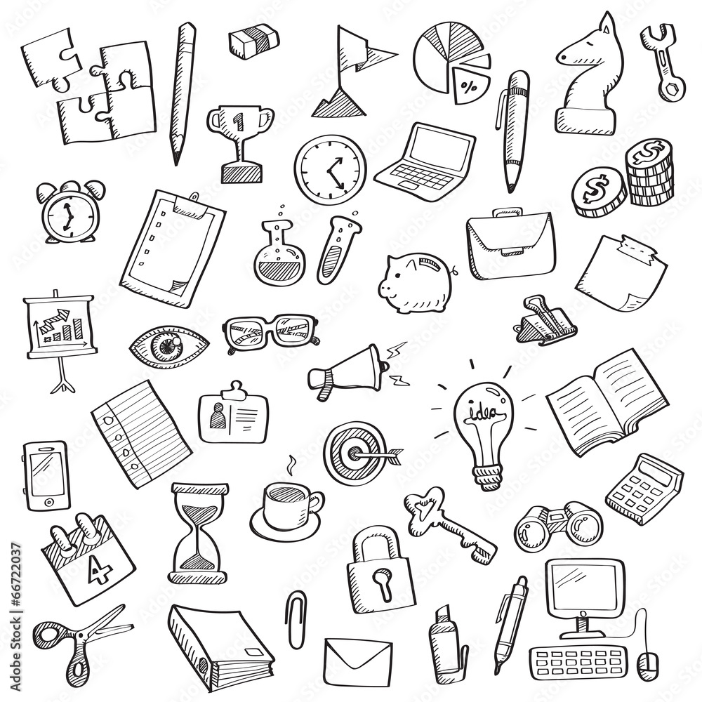 Wall mural sketch of business symbol and office supplies