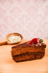 chocolate cake and flour on a table