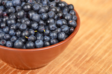 Blueberry in bowl on vintage wooden background