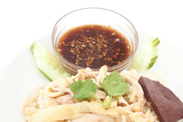 sliced Hainan-style chicken with marinated rice