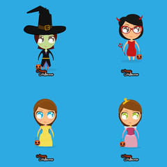 Set Of Cartoon Kids With Halloween Costumes