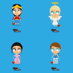 Set Of Cartoon Kids With Halloween Costumes
