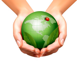 Green world with leaf and ladybug in woman hands. Vector illustr