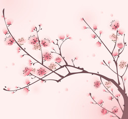 Plakaty  Malarstwo w stylu orientalnym, kwitnąca wiśnia na wiosnę