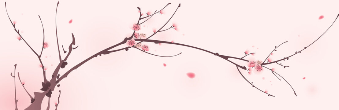 Oriental Style Painting, Cherry Blossom In Spring