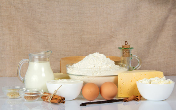 Dairy products, flour, eggs, cheese and spices